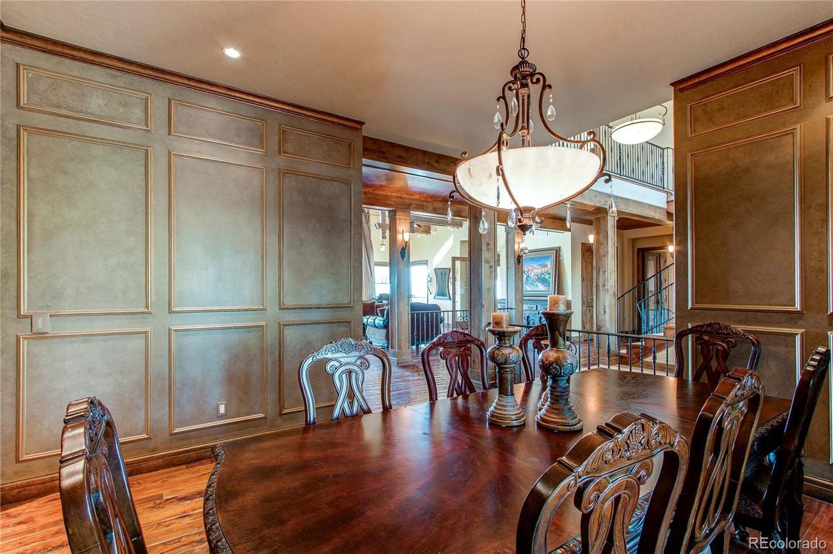Dining room, Interior, Pendant Lights, Recessed Lighting, Wood Texture Flooring