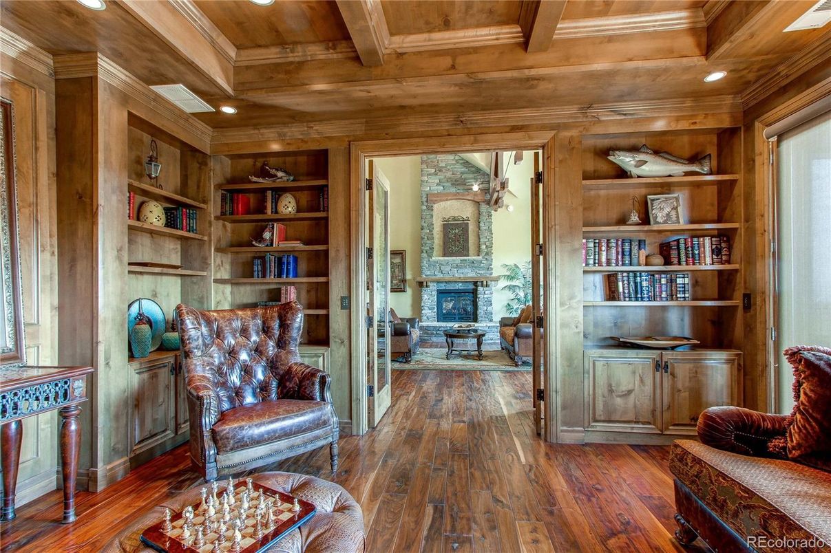 Fireplace, Interior, Recessed Lighting, Wooden Beams, Wooden Ceilings, Wood Texture Flooring, Wooden Walls