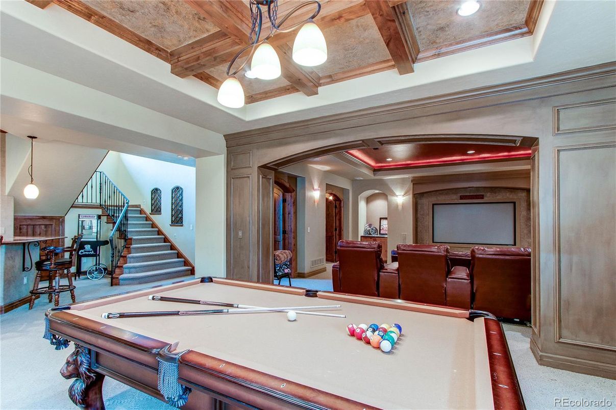 Billiard Table, Game Room, Interior, Pendant Lights, Projection Screen, Recessed Lighting, Theatre Room, Wooden Beams