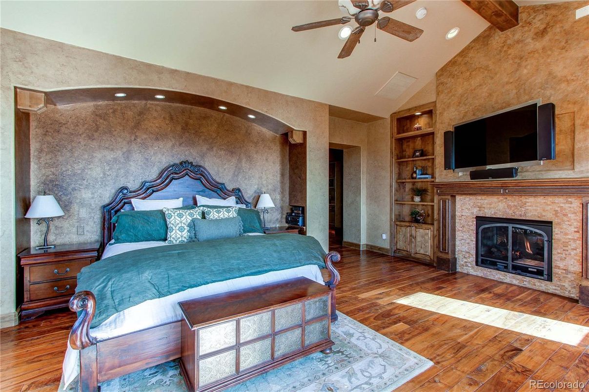 Bedroom, Fireplace, Interior, Recessed Lighting, Wooden Beams, Wood Texture Flooring