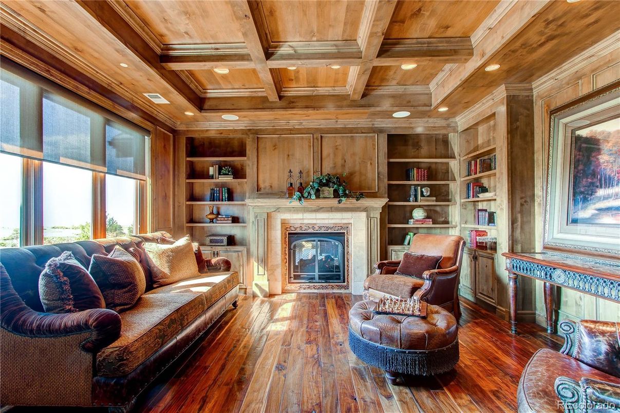 Fireplace, Interior, Living room, Recessed Lighting, Wooden Beams, Wooden Ceilings, Wood Texture Flooring, Wooden Walls