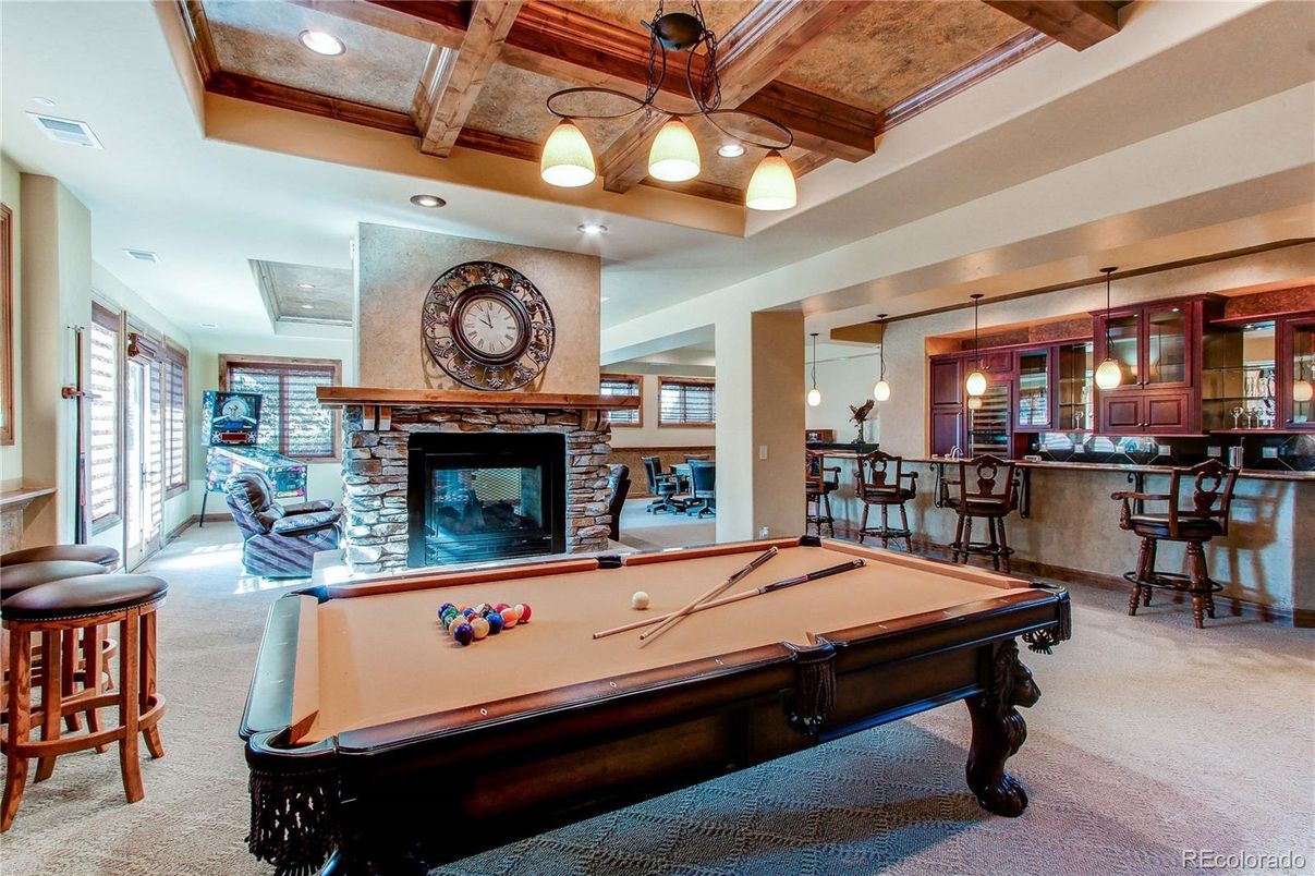Billiard Table, Fireplace, Game Room, Interior, Pendant Lights, Recessed Lighting, Wooden Beams