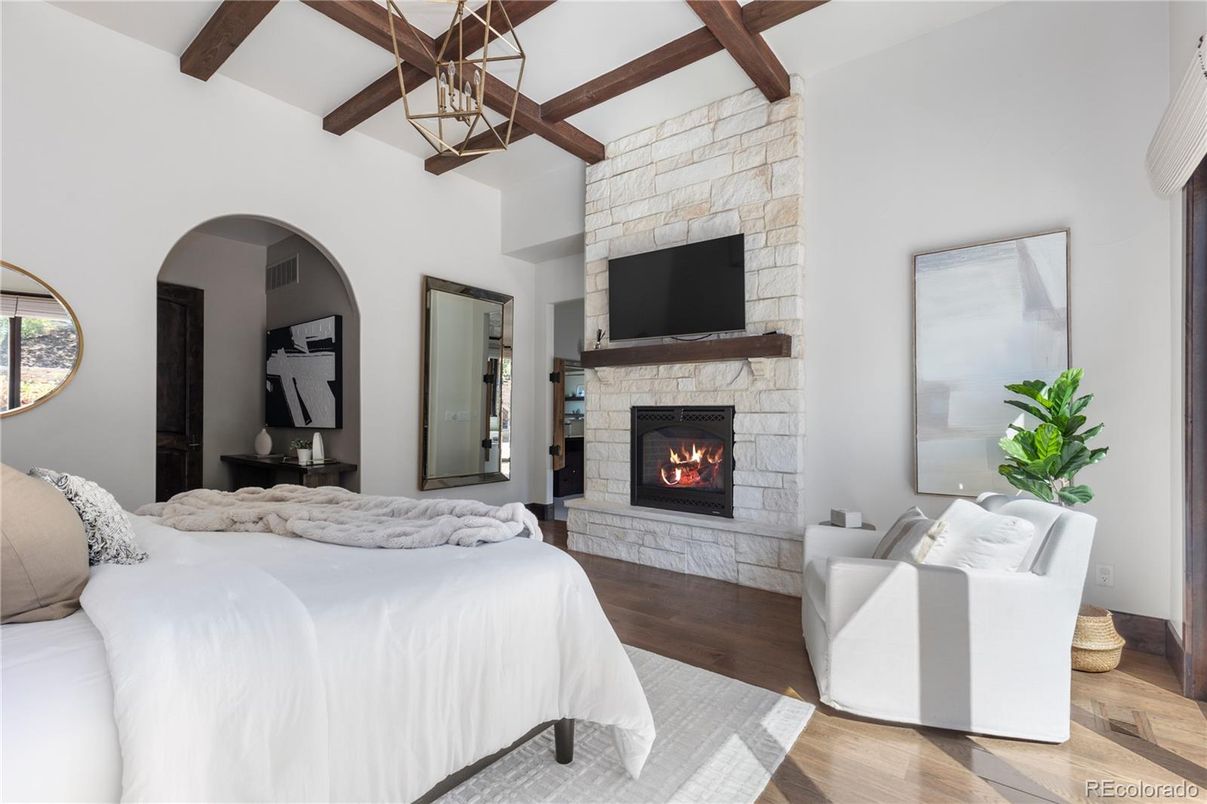 Bedroom, Fireplace, Interior, Pendant Lights, Wooden Beams, Wood Texture Flooring