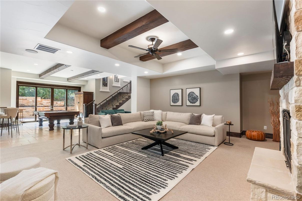 Billiard Table, Fireplace, Game Room, Interior, Living room, Recessed Lighting, Stone Walls, Wooden Beams