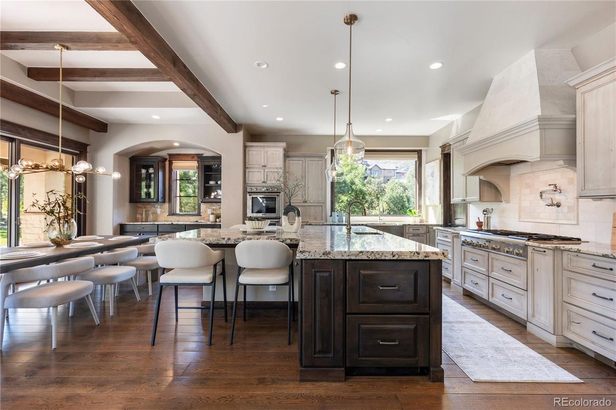 Dining room, Interior, Kitchen, Pendant Lights, Recessed Lighting, Stainless Steel Appliances, Wooden Beams, Wood Texture Flooring