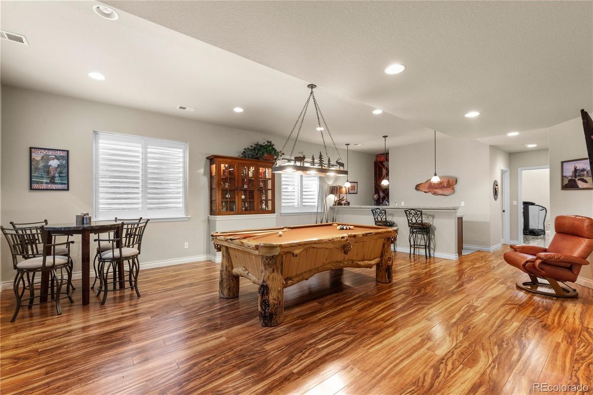 Billiard Table, Dining room, Game Room, Interior, Pendant Lights, Recessed Lighting, Wood Texture Flooring