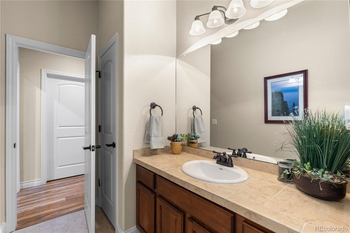 Bathroom, Dual Sink Vanities, Interior, Tile Countertops, Wood Texture Flooring