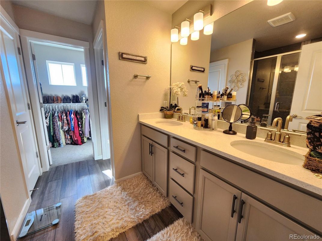 Bathroom, Dual Sink Vanities, Interior, Recessed Lighting, Wood Texture Flooring