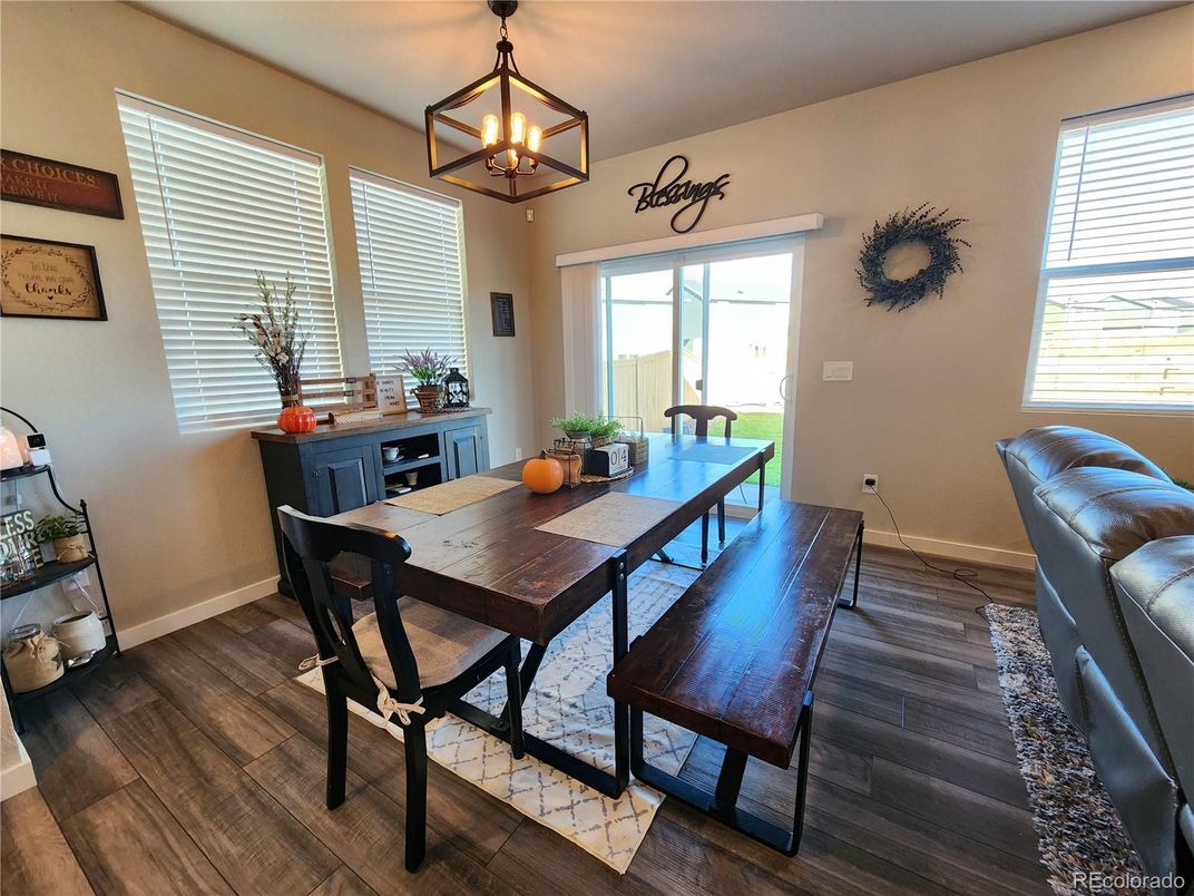 Dining room, Interior, Pendant Lights, Wood Texture Flooring