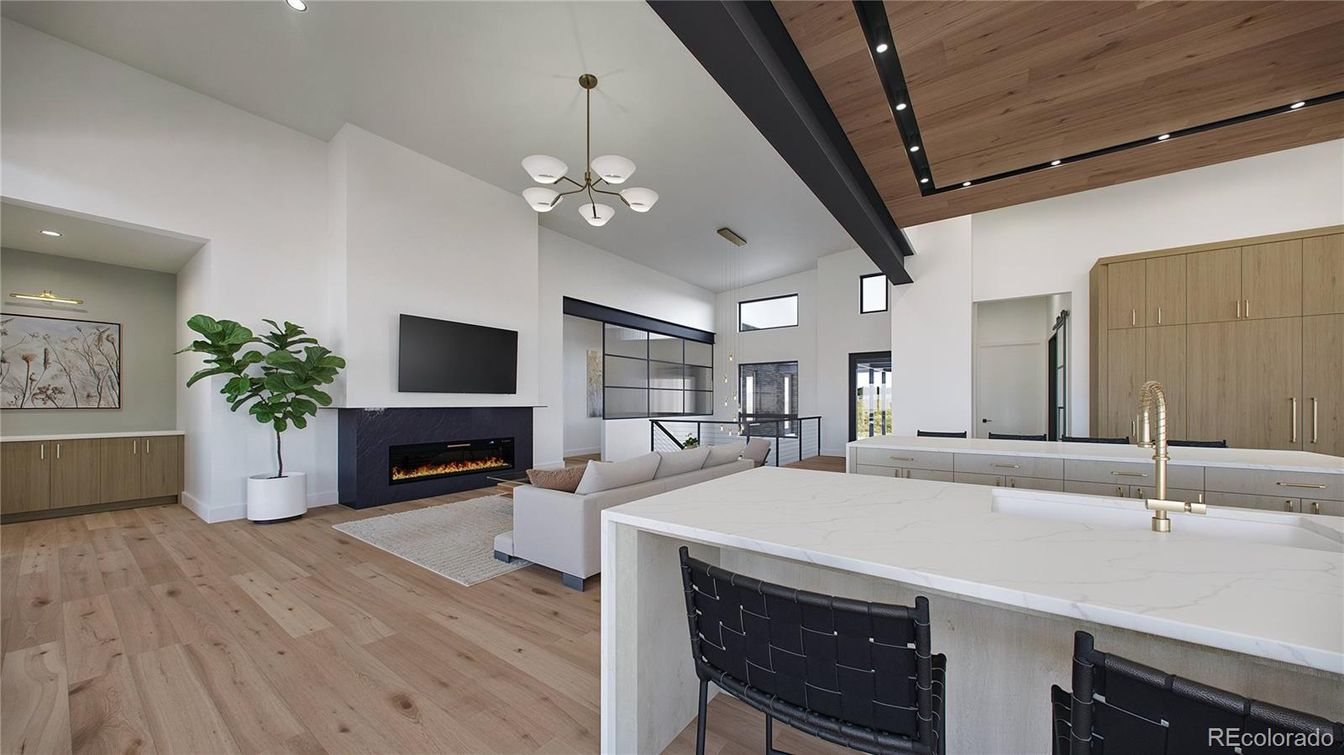Fireplace, Interior, Kitchen, Living room, Pendant Lights, Recessed Lighting, Wooden Beams, Wooden Ceilings, Wood Texture Flooring