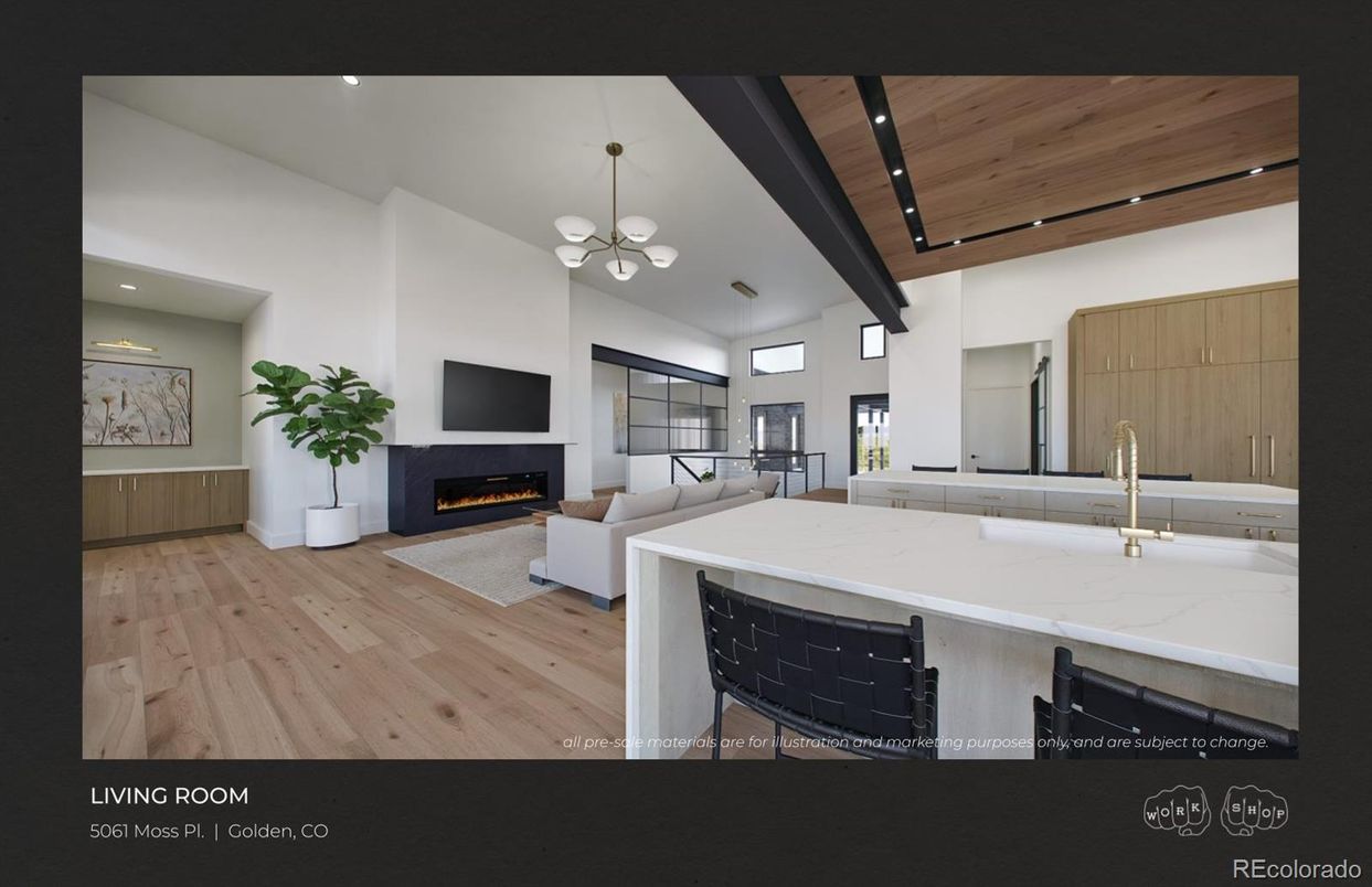 Fireplace, Interior, Kitchen, Living room, Pendant Lights, Recessed Lighting, Wooden Beams, Wooden Ceilings, Wood Texture Flooring
