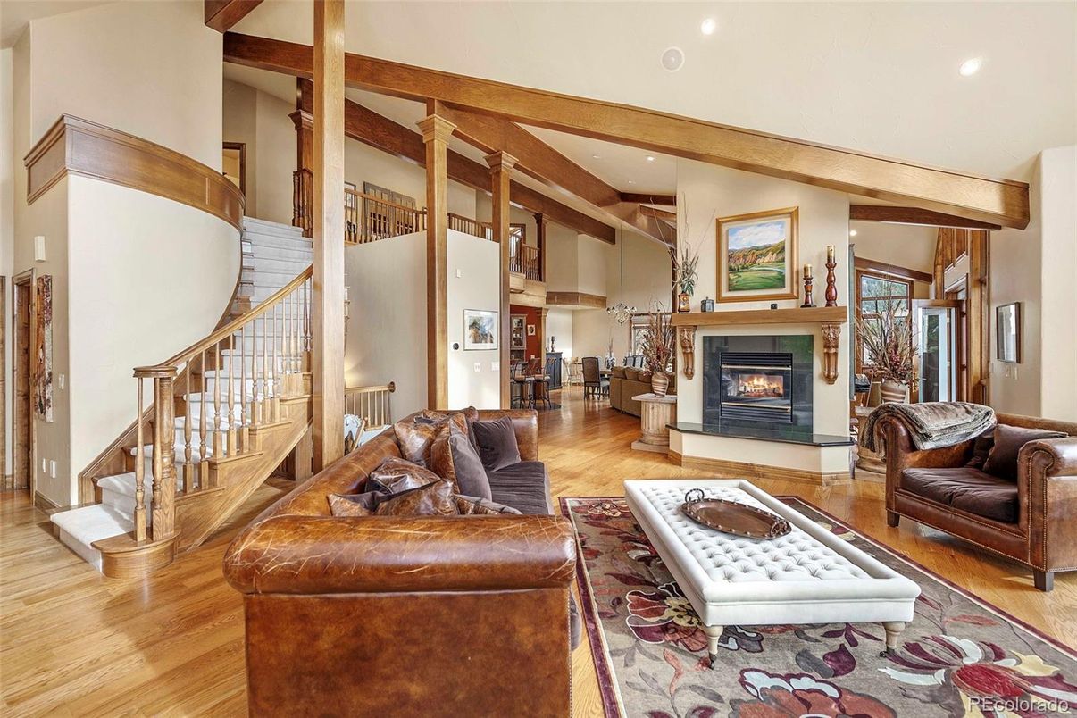 Fireplace, Interior, Living room, Recessed Lighting, Wooden Beams, Wood Texture Flooring