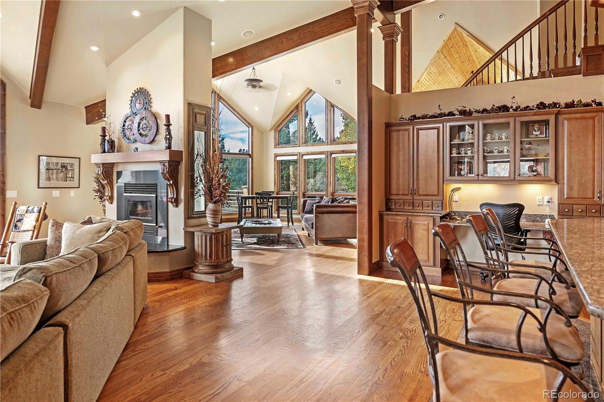 Fireplace, Interior, Living room, Recessed Lighting, Wooden Beams, Wood Texture Flooring