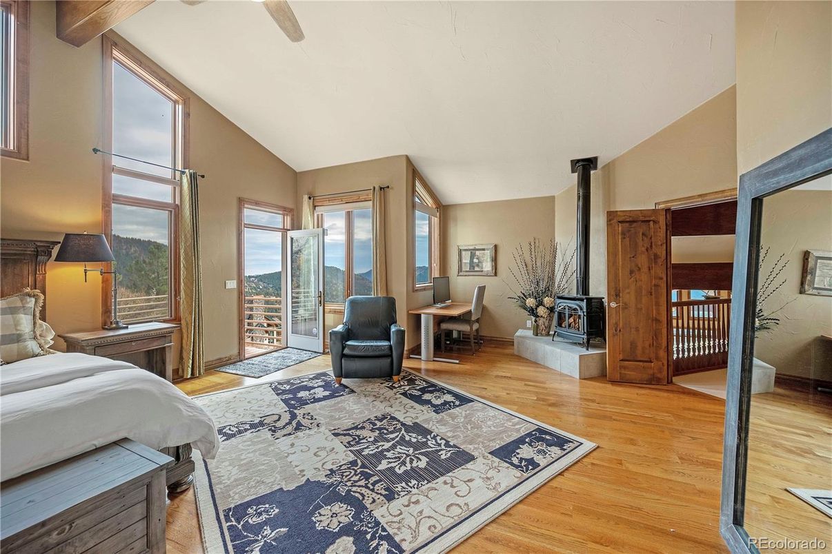 Bedroom, Fireplace, Interior, Wood Texture Flooring