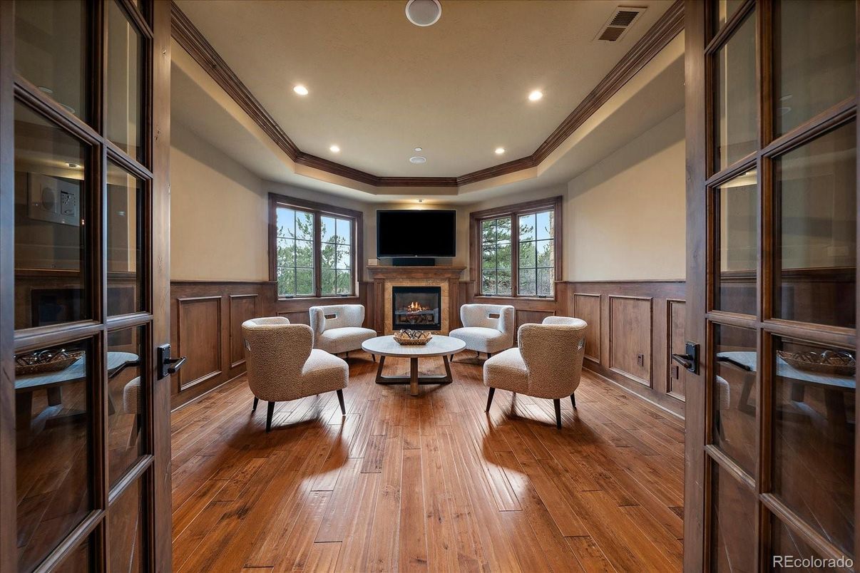 Fireplace, Interior, Living room, Recessed Lighting, Wood Texture Flooring