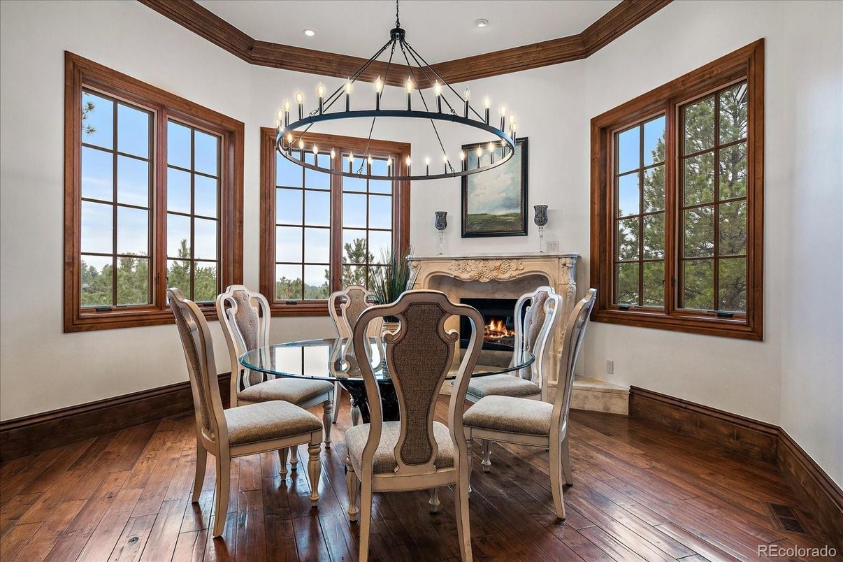 Chandelier, Dining room, Fireplace, Interior, Recessed Lighting, Wood Texture Flooring