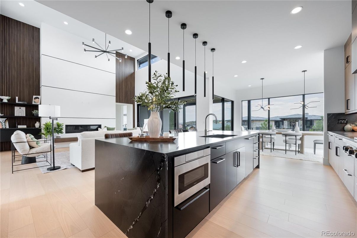 Dining room, Interior, Kitchen, Pendant Lights, Recessed Lighting, Stainless Steel Appliances, Wood Texture Flooring