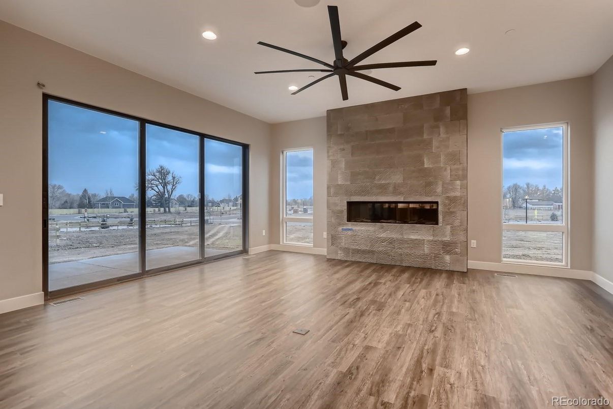 Empty room, Fireplace, Interior, Recessed Lighting, Wood Texture Flooring