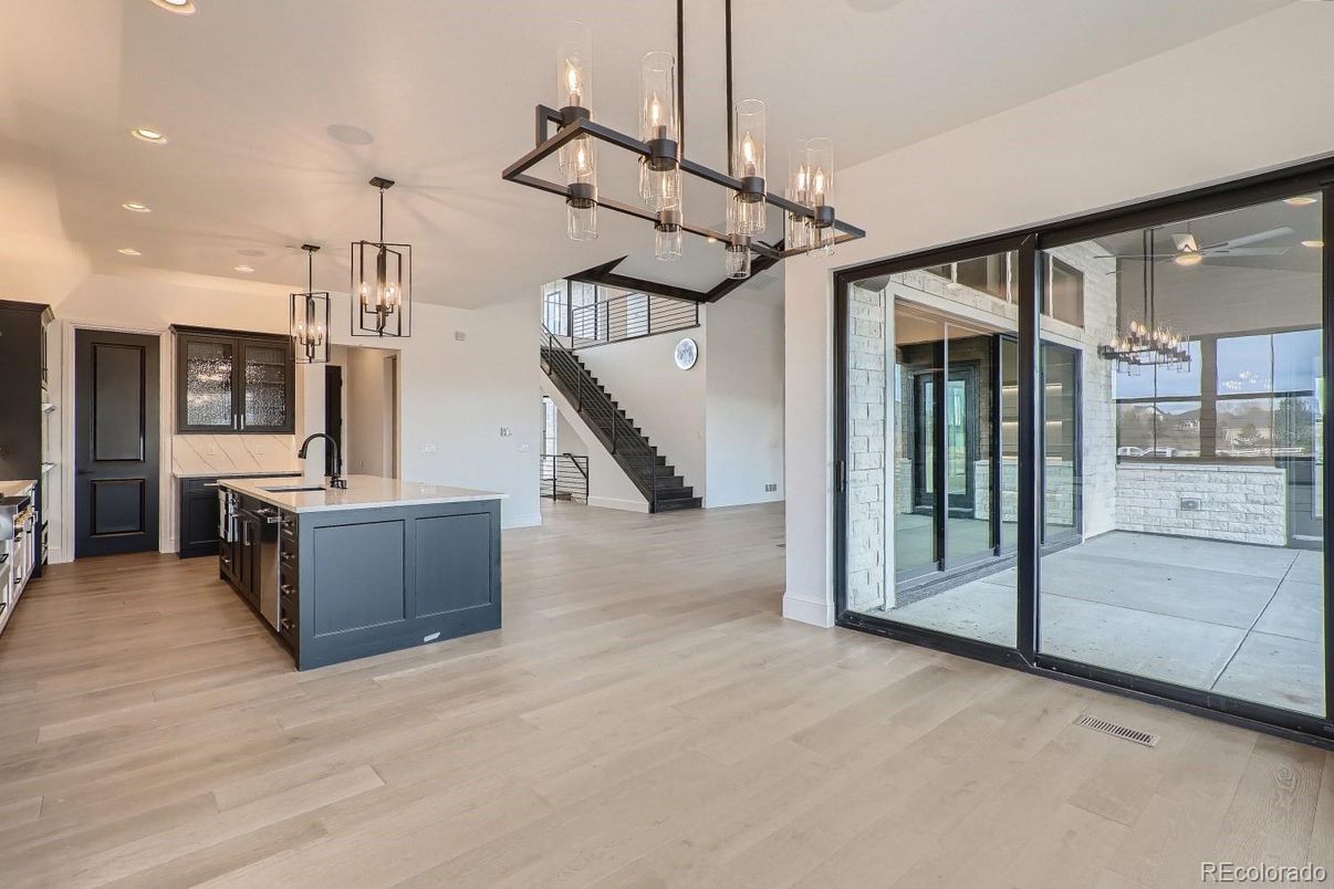 Chandelier, Interior, Kitchen, Pendant Lights, Recessed Lighting, Wood Texture Flooring