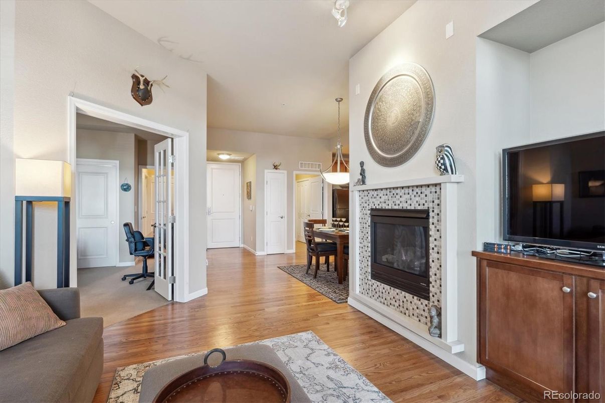 Dining room, Fireplace, Interior, Pendant Lights, Wood Texture Flooring