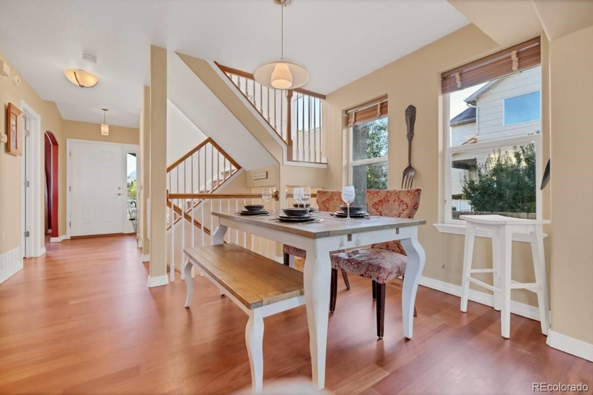 Dining room, Interior, Pendant Lights, Wood Texture Flooring