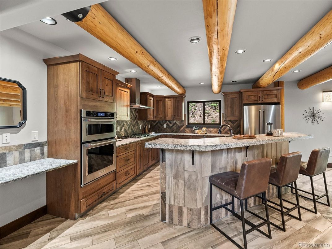 Interior, Kitchen, Recessed Lighting, Stainless Steel Appliances, Wooden Beams, Wood Texture Flooring