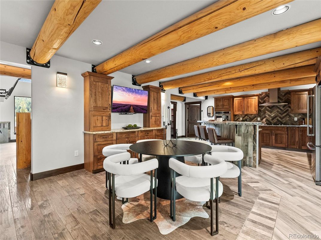 Dining room, Interior, Kitchen, Recessed Lighting, Wooden Beams, Wood Texture Flooring