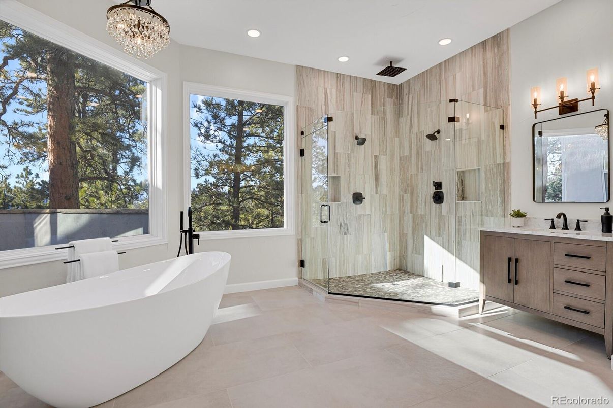 Bathroom, Chandelier, Free Standing Baths, Glass Shower, Interior, Recessed Lighting