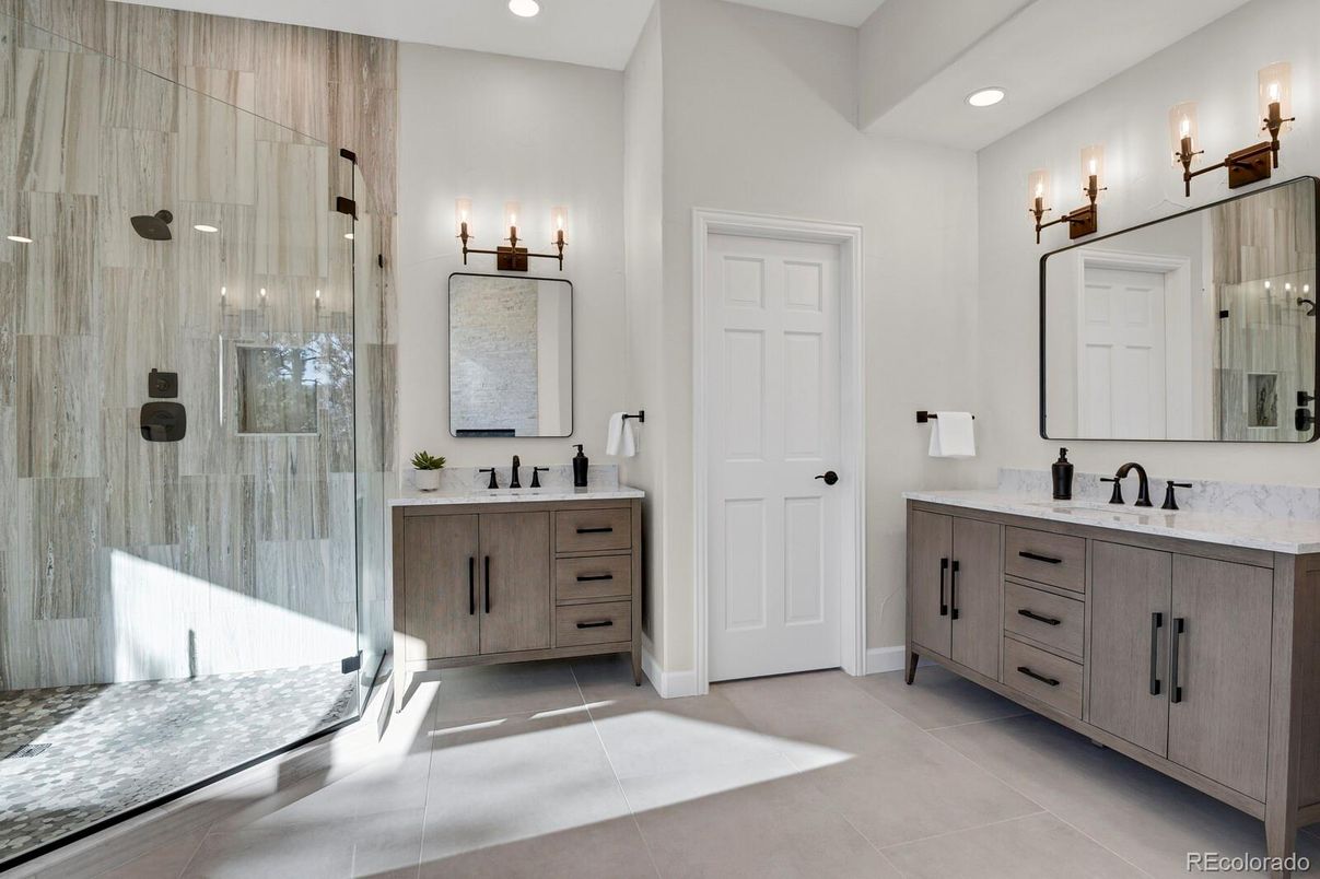 Bathroom, Dual Sink Vanities, Glass Shower, Interior, Recessed Lighting