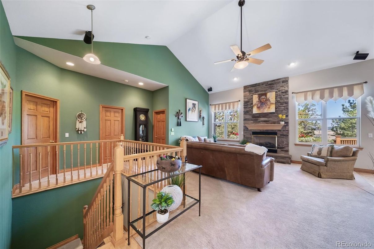 Fireplace, Interior, Living room, Recessed Lighting, Stone Walls