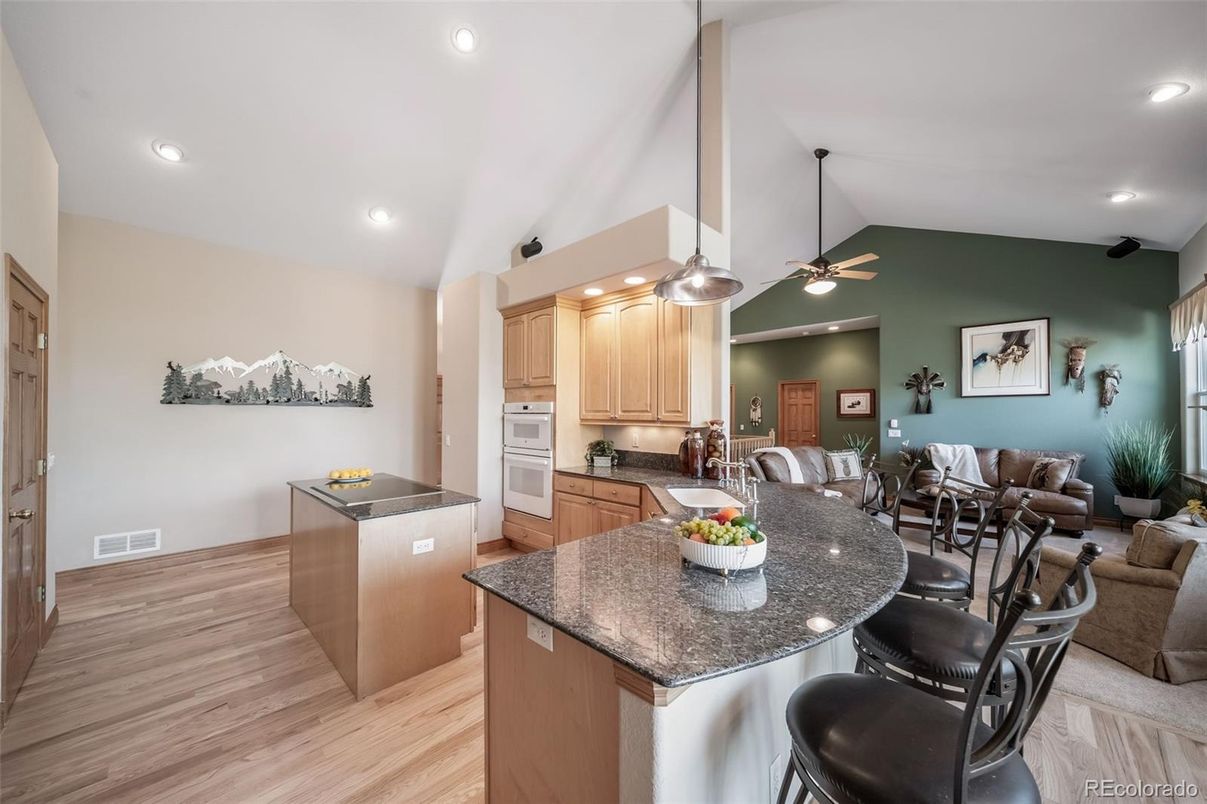 Interior, Kitchen, Living room, Pendant Lights, Recessed Lighting, Wood Texture Flooring