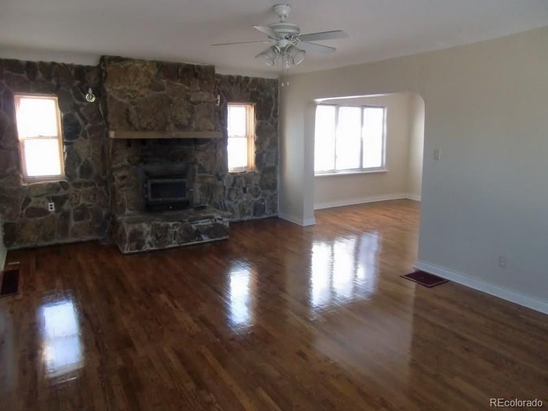 Empty room, Fireplace, Interior, Stone Walls, Wood Texture Flooring