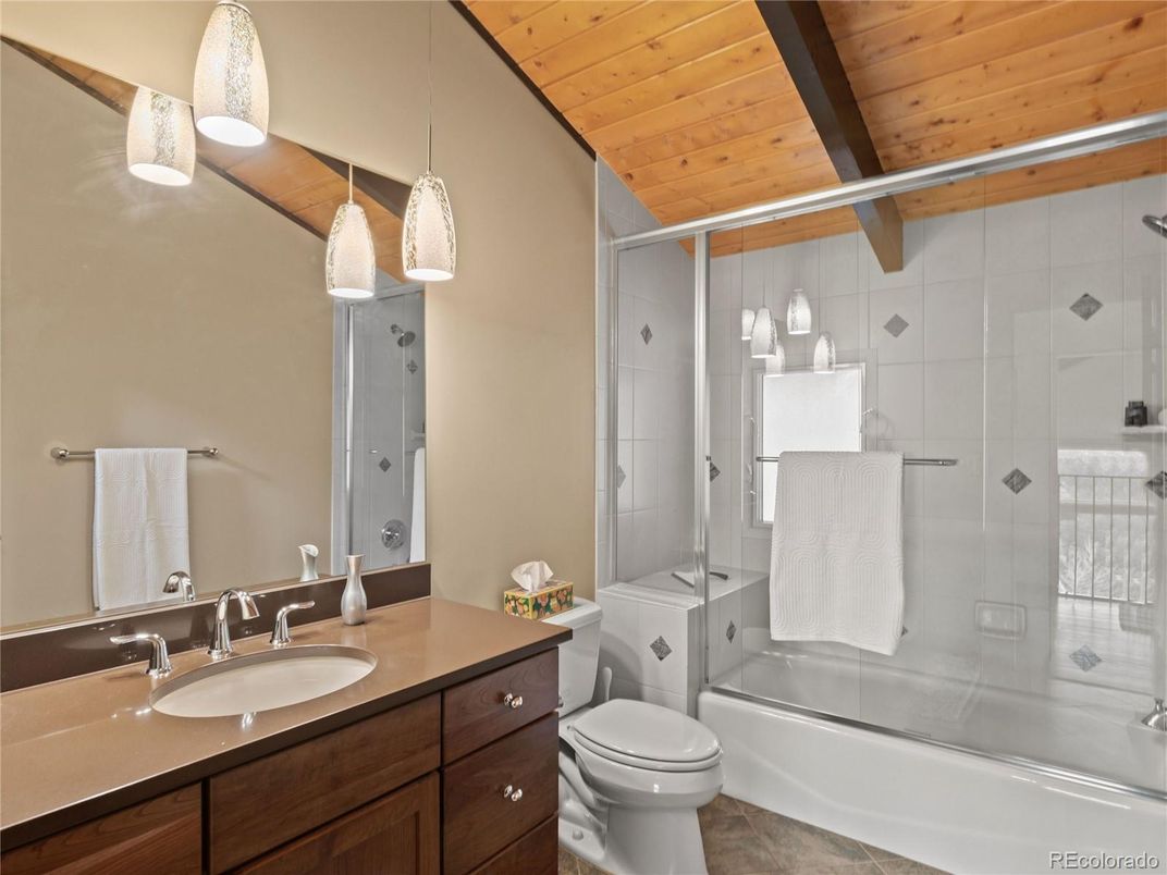 Bathroom, Glass Shower, Interior, Pendant Lights, Wooden Ceilings