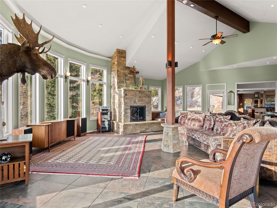 Fireplace, Interior, Living room, Recessed Lighting, Wooden Beams