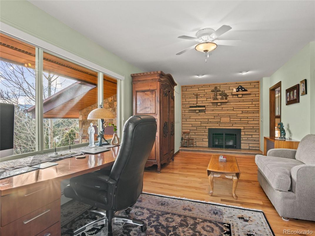 Fireplace, Home Office, Interior, Stone Walls, Wood Texture Flooring