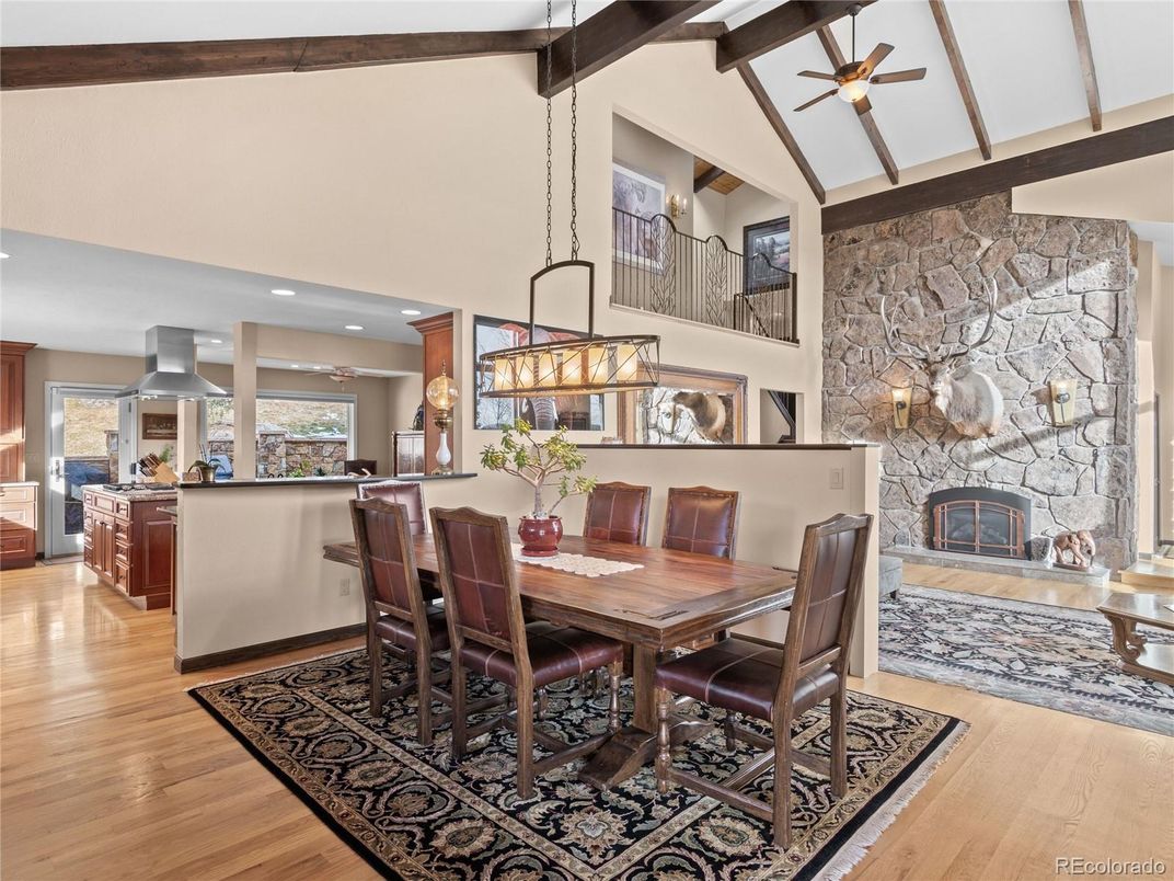 Dining room, Fireplace, Interior, Kitchen, Pendant Lights, Recessed Lighting, Stone Walls, Wood Texture Flooring