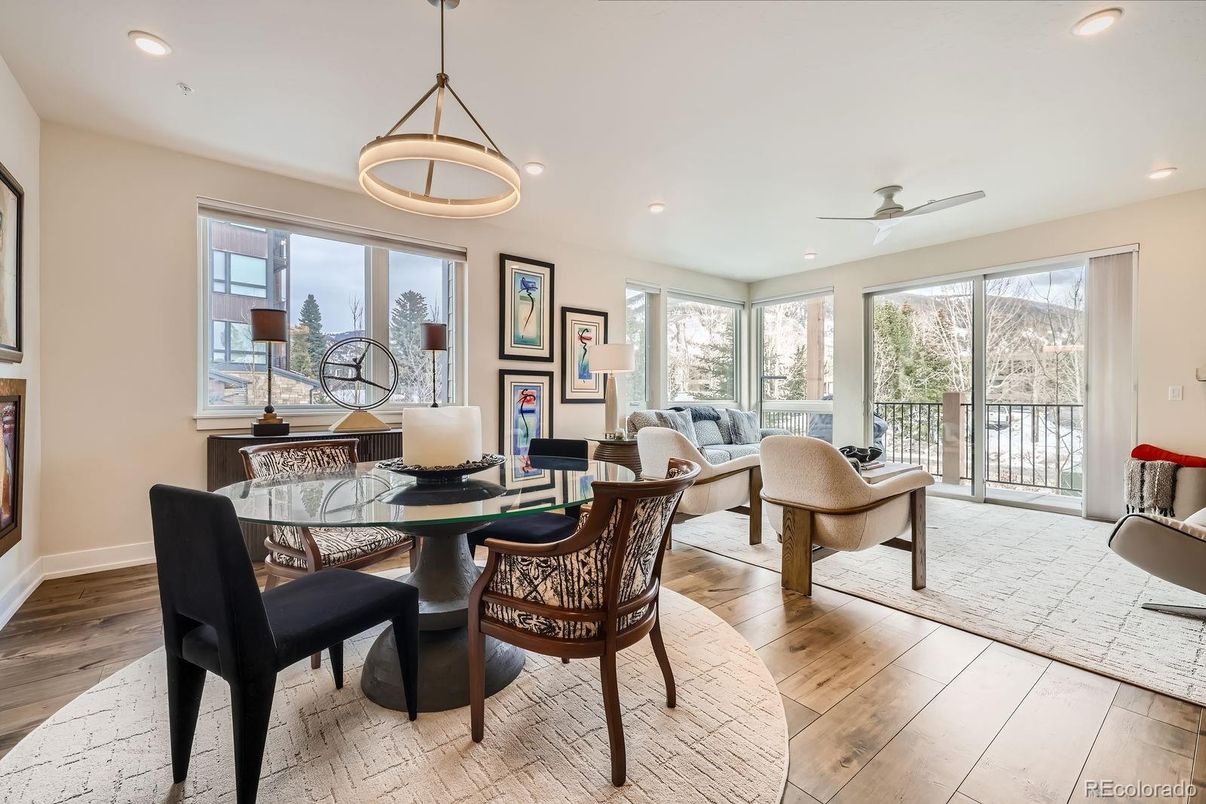 Dining room, Interior, Living room, Pendant Lights, Recessed Lighting, Wood Texture Flooring