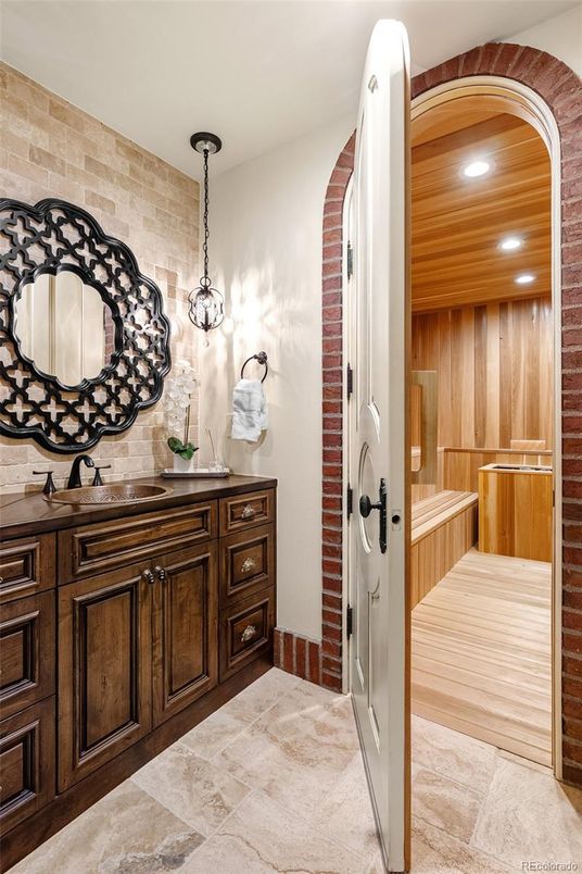 Interior, Pendant Lights, Recessed Lighting, Sauna Room, Stone Walls