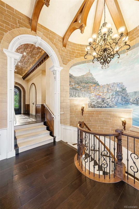 Chandelier, Interior, Stone Walls, Wooden Beams, Wood Texture Flooring