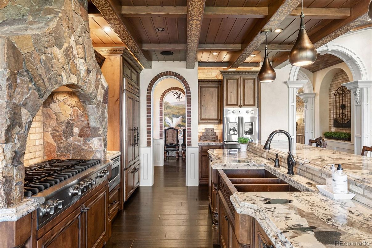 Interior, Kitchen, Pendant Lights, Recessed Lighting, Stainless Steel Appliances, Stone Walls, Wooden Beams, Wooden Ceilings, Wood Texture Flooring