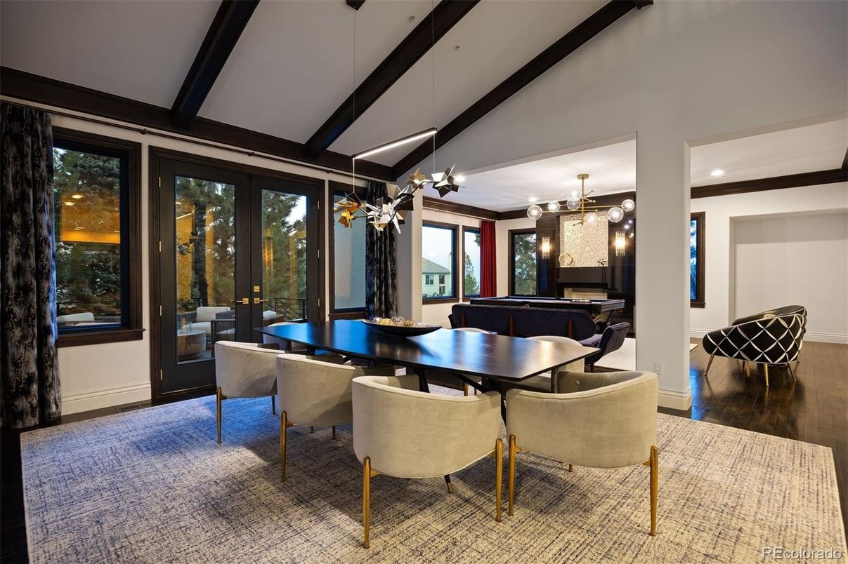 Billiard Table, Dining room, Game Room, Interior, Pendant Lights, Wood Texture Flooring