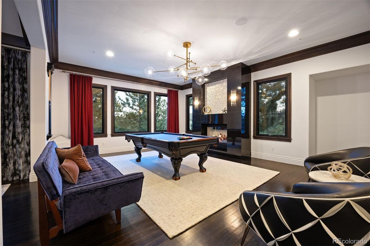 Billiard Table, Game Room, Interior, Pendant Lights, Recessed Lighting, Wood Texture Flooring