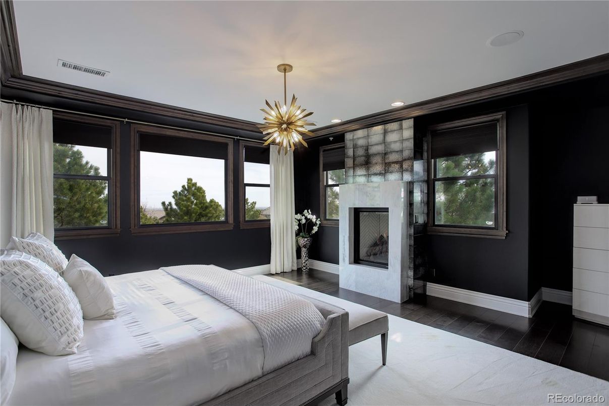 Bedroom, Fireplace, Interior, Pendant Lights, Recessed Lighting, Wood Texture Flooring
