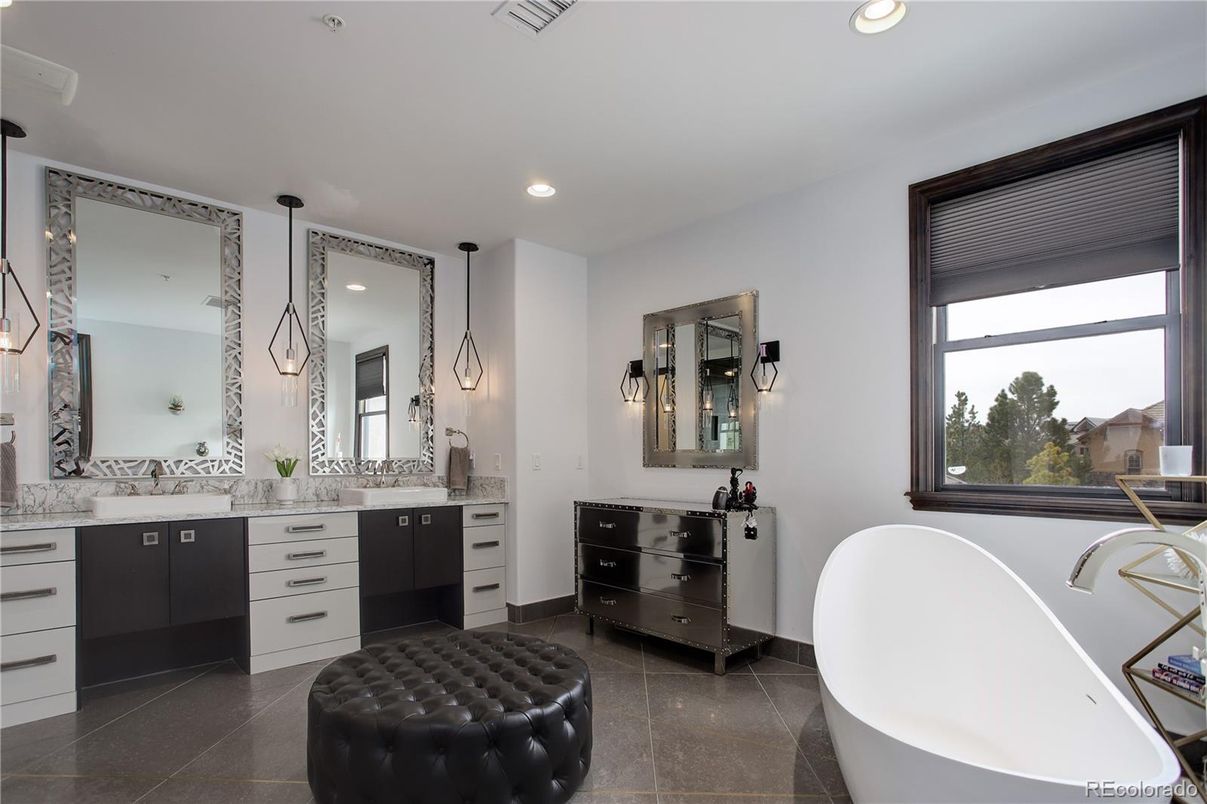 Bathroom, Dual Sink Vanities, Free Standing Baths, Interior, Pendant Lights, Recessed Lighting