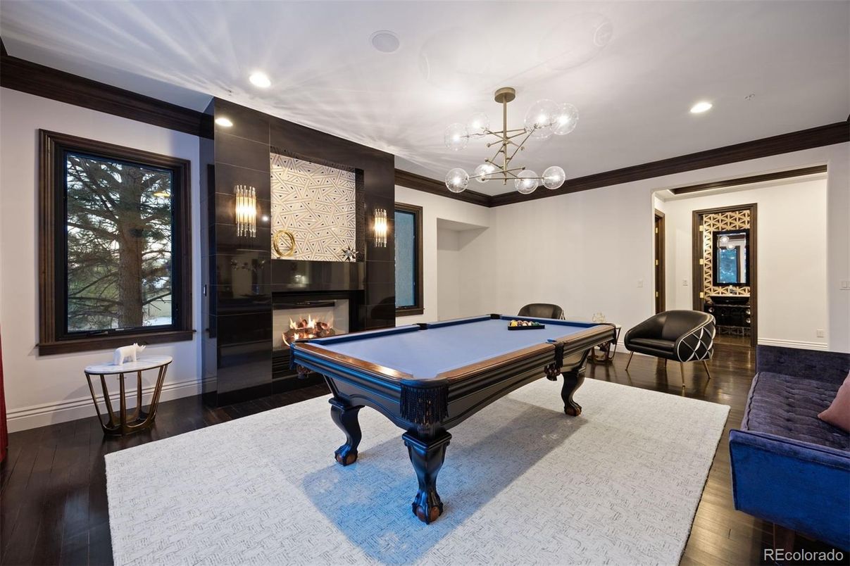 Billiard Table, Fireplace, Game Room, Interior, Pendant Lights, Recessed Lighting, Wood Texture Flooring