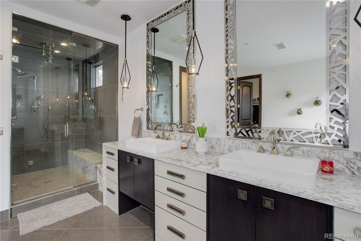 Bathroom, Dual Sink Vanities, Glass Shower, Interior, Pendant Lights