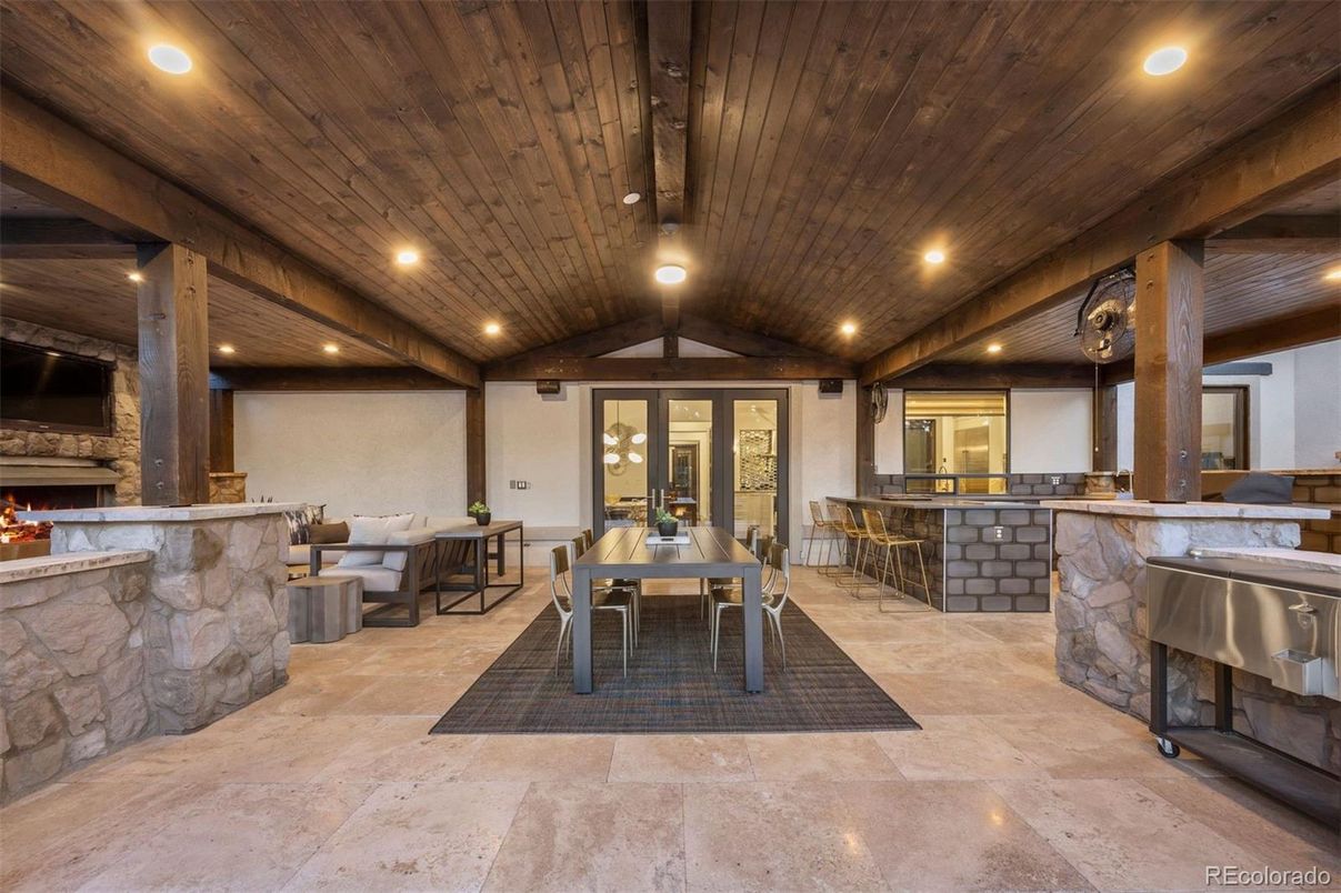 Exterior, Fireplace, Recessed Lighting, Wooden Ceilings