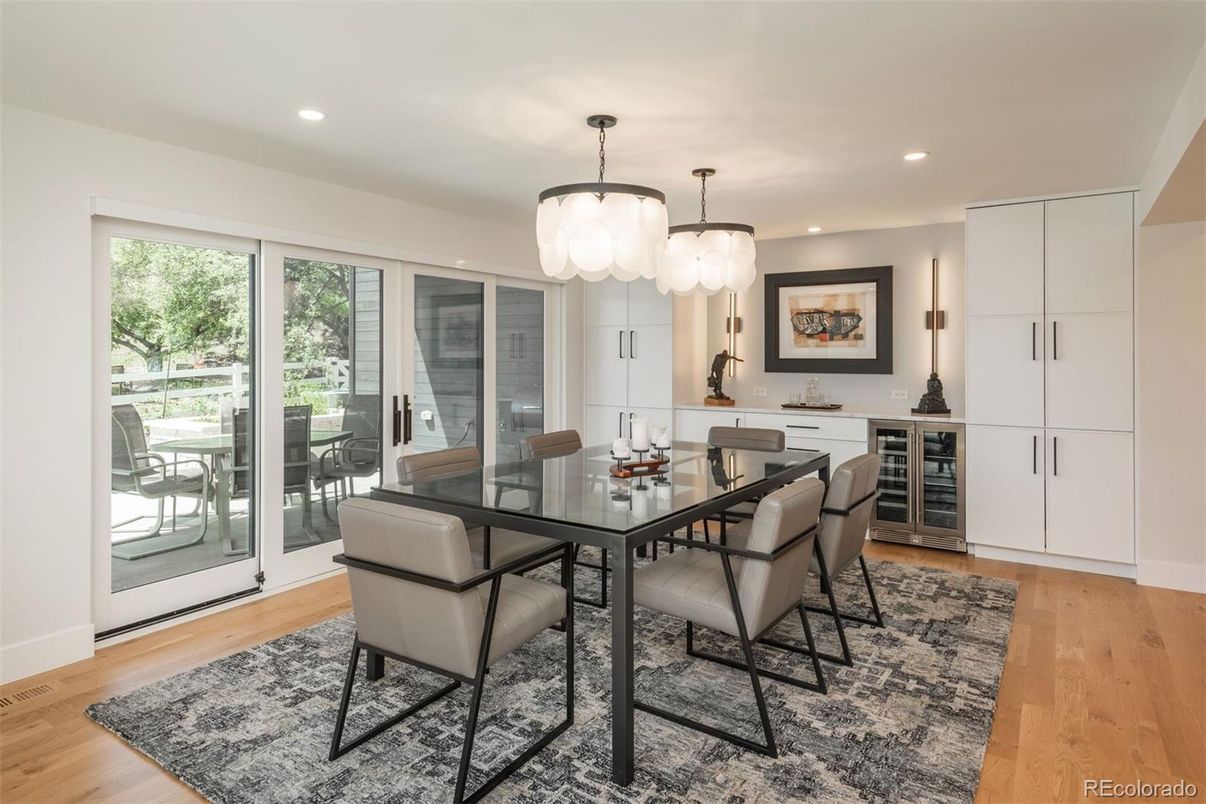 Dining room, Interior, Pendant Lights, Recessed Lighting, Wood Texture Flooring