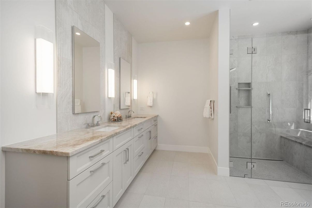 Bathroom, Dual Sink Vanities, Glass Shower, Interior, Recessed Lighting