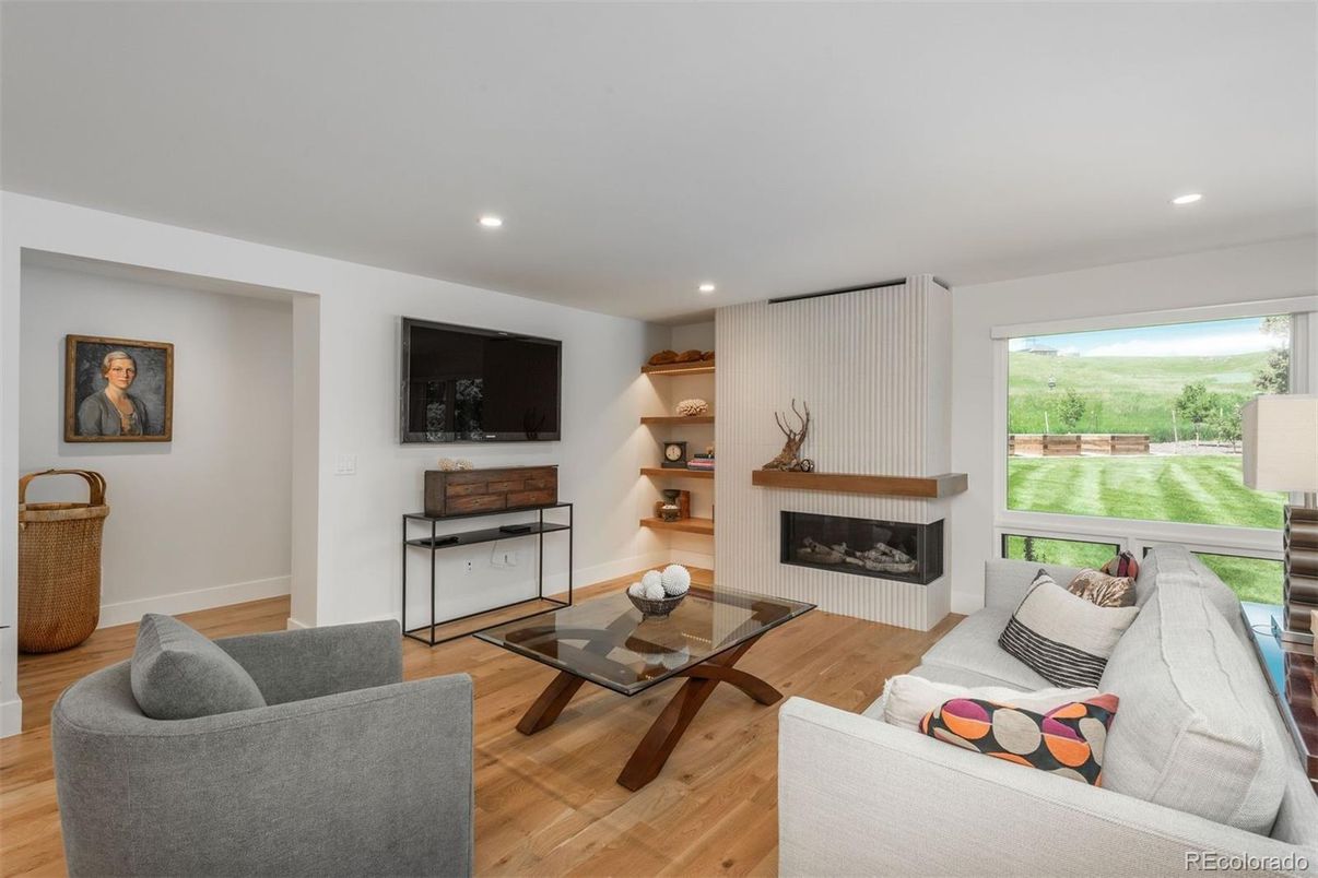 Fireplace, Interior, Living room, Recessed Lighting, Wood Texture Flooring